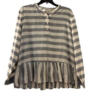 LUCKY BRAND tunic top, size XL. Gray and white stripe. 5”ruffle, cotton blend.
